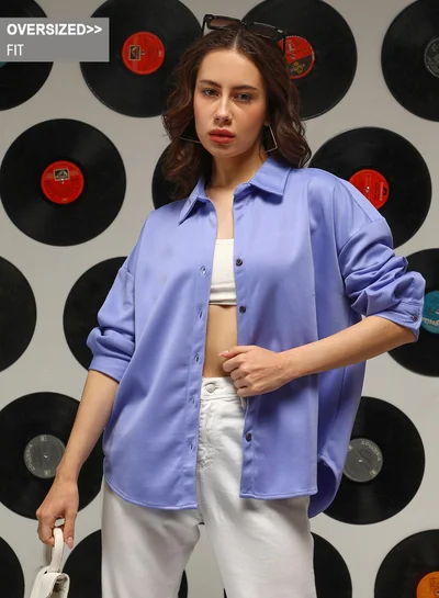 Campus Sutra Campus Sutra Women's Cornflower Blue Solid Oversized Shirt For Casual Wear | Spread Collar | Long Sleeves | Button Closure | Oversized Shirt Crafted With Comfort Fit For Everyday Wear