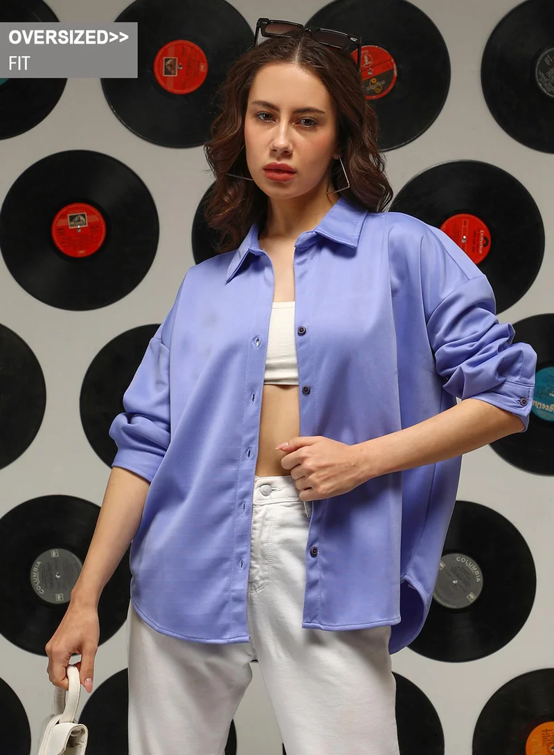 Campus Sutra Campus Sutra Women's Cornflower Blue Solid Oversized Shirt For Casual Wear | Spread Collar | Long Sleeves | Button Closure | Oversized Shirt Crafted With Comfort Fit For Everyday Wear
