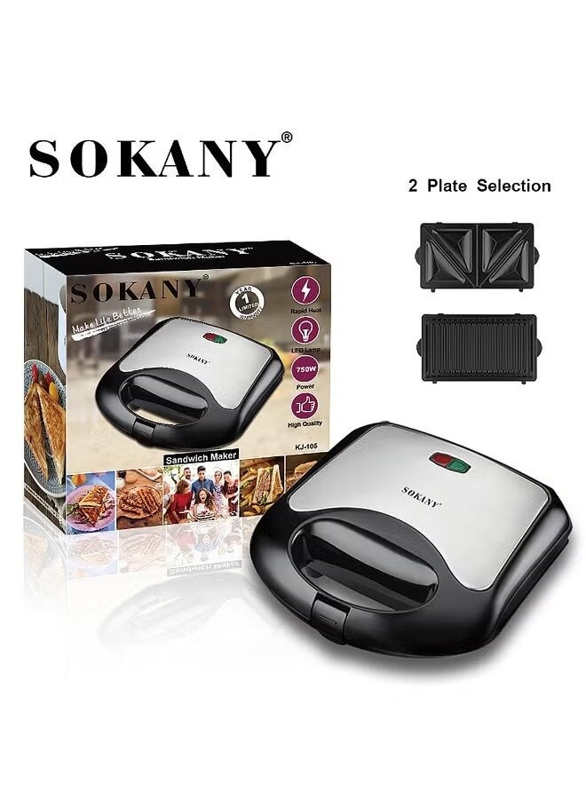 sokany Sandwich Maker 2in1 KJ-105 – Non-Stick Plates, Interchangeable Grill, Indicator Lights, 750W Quick & Easy Meals, Compact Versatile Appliance for Breakfast, Snacks & More - Image 1