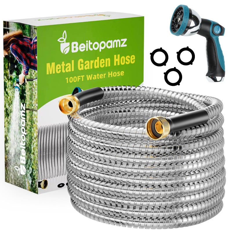 Beitopamz 100 ft Garden Hose, Stainless Steel Metal Water Hose with Nozzle, Flexible and Durable, Rust Proof, No-Kink, Heavy Duty, Leakproof 3/4'' Brass Fittings, Lightweight Hose for Patio, Lawn - Image 1