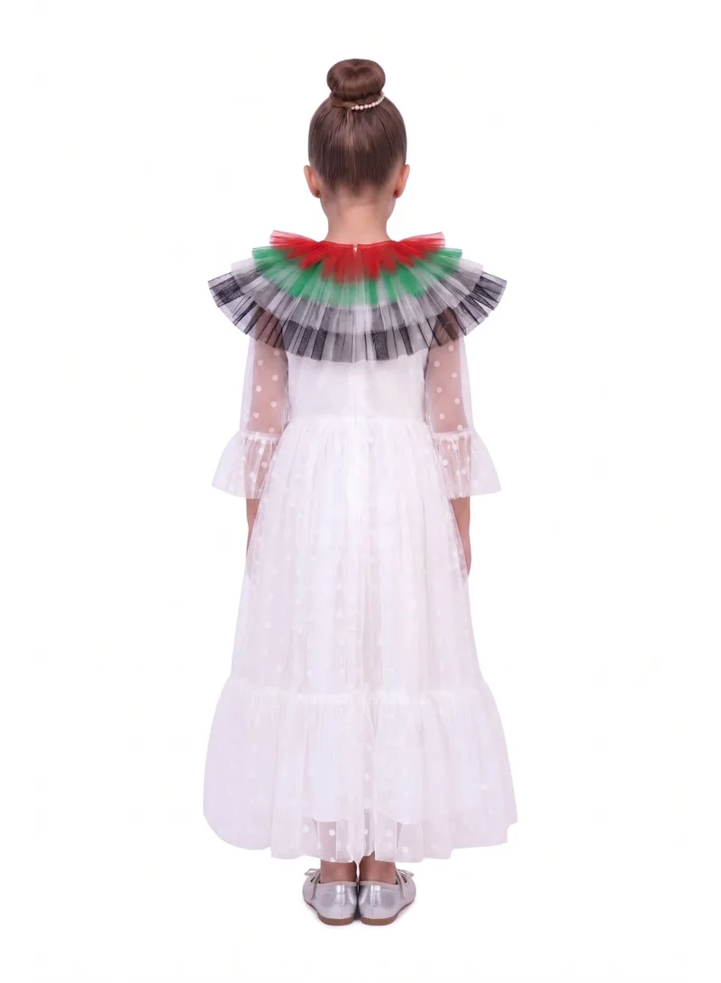 بيداني Girls 2-in-1 UAE National Day Swiss Dot Tulle Maxi Dress with Detachable Flag Ruffle Cape