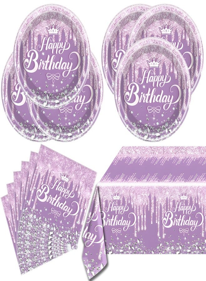 OULUN Purple Glitter Diamond Party Tableware Set for 20 People, Includes Dessert Plates, Paper Napkins, Tablecloth in Purple, Perfect for Princess Themed Birthday Parties - Image 1