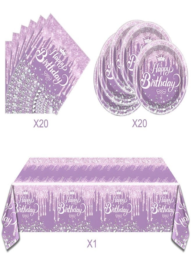 OULUN Purple Glitter Diamond Party Tableware Set for 20 People, Includes Dessert Plates, Paper Napkins, Tablecloth in Purple, Perfect for Princess Themed Birthday Parties - Image 3
