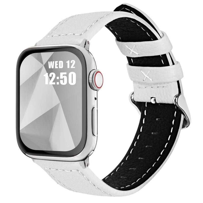 Fullmosa حزام ساعة آبل كامل مورا جلد 49mm 46mm 45mm 44mm 42mm 41mm 40mm 38mm لـ iWatch Ultra2/Ultra/SE/SE2/Series 10/9/8/7/6/5/4/3/2/1، 42mm/44mm/45mm/46mm/49mm أبيض + مشبك فضي - Image 1