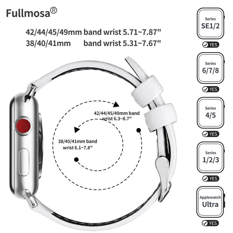Fullmosa حزام ساعة آبل كامل مورا جلد 49mm 46mm 45mm 44mm 42mm 41mm 40mm 38mm لـ iWatch Ultra2/Ultra/SE/SE2/Series 10/9/8/7/6/5/4/3/2/1، 42mm/44mm/45mm/46mm/49mm أبيض + مشبك فضي - Image 5