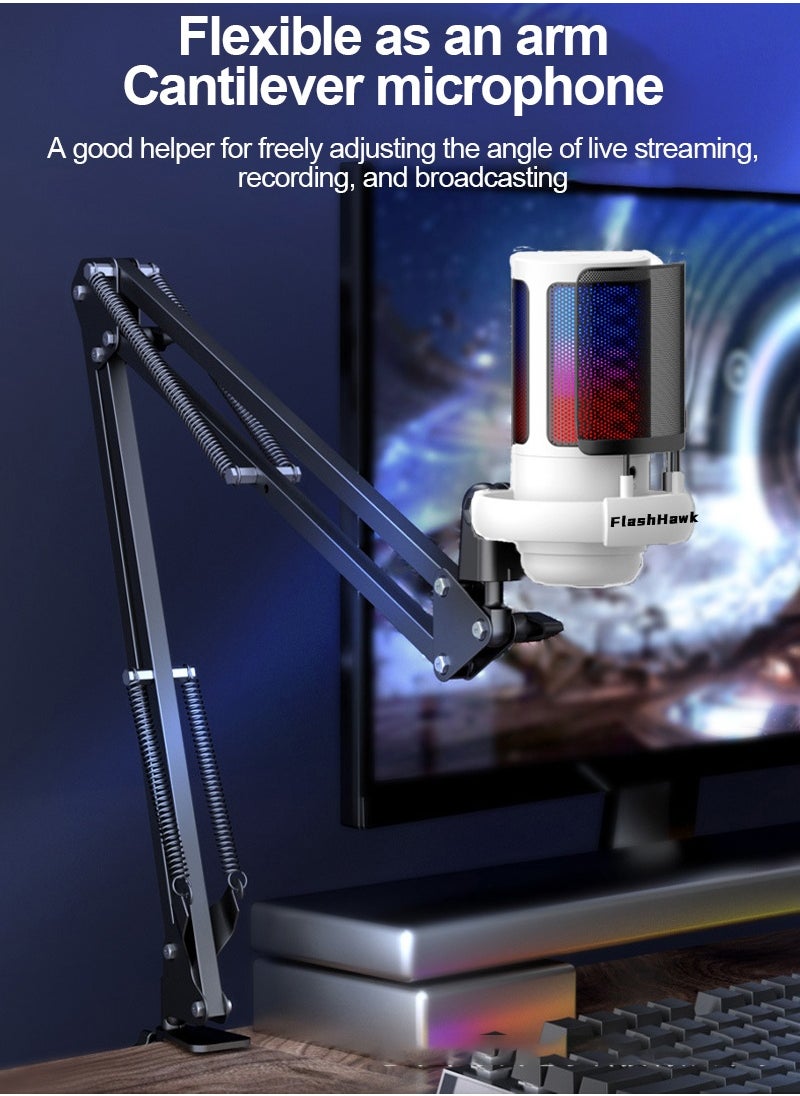 FlashHawk - Gaming PC USB Microphone,Podcast Condenser Mic with Boom Arm,Pop Filter,Mute Button for Streaming,Online Chat, RGB Computer Mic for PS4/5 PC Gamer Youtuber - White - Image 1