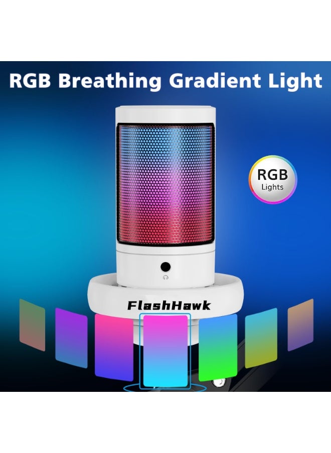 FlashHawk - Gaming PC USB Microphone,Podcast Condenser Mic with Boom Arm,Pop Filter,Mute Button for Streaming,Online Chat, RGB Computer Mic for PS4/5 PC Gamer Youtuber - White - Image 1