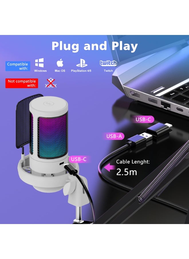 FlashHawk - Gaming PC USB Microphone,Podcast Condenser Mic with Boom Arm,Pop Filter,Mute Button for Streaming,Online Chat, RGB Computer Mic for PS4/5 PC Gamer Youtuber - White - Image 1