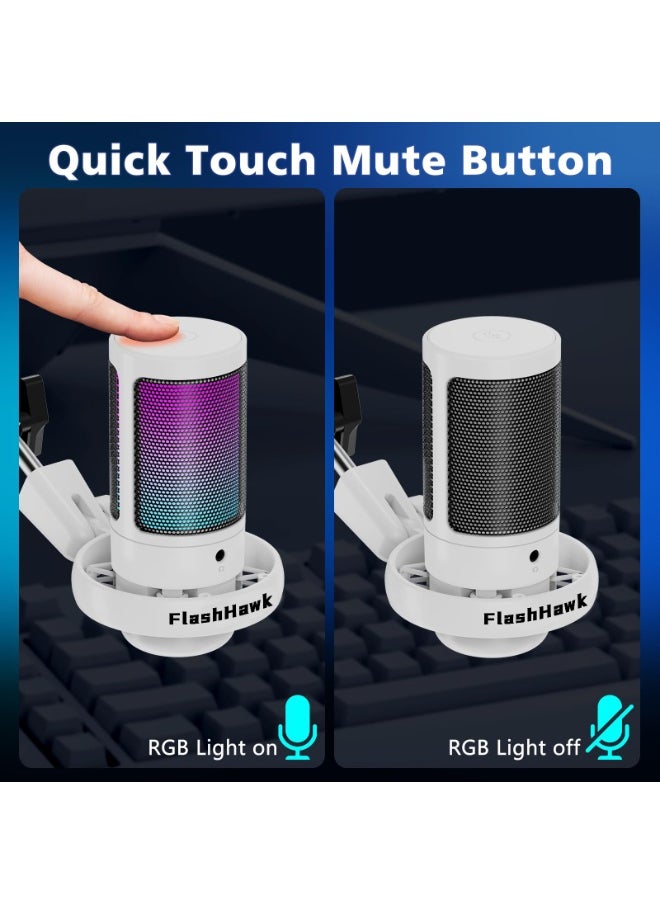 FlashHawk - Gaming PC USB Microphone,Podcast Condenser Mic with Boom Arm,Pop Filter,Mute Button for Streaming,Online Chat, RGB Computer Mic for PS4/5 PC Gamer Youtuber - White - Image 1