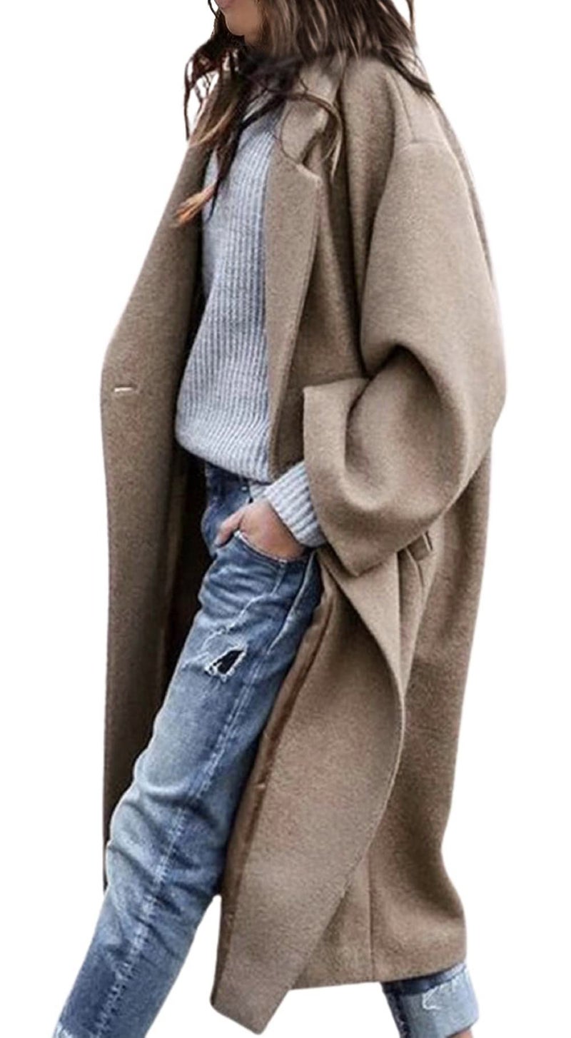 CHARTOU Womens Oversized Notched Collar Wool Blend Single Breast Midi Long Trench Coat XLarge Khaki