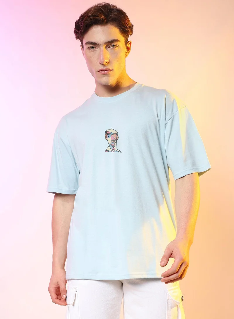 Campus Sutra Campus Sutra Men's Powder Blue Printed Oversized Basic T-Shirt