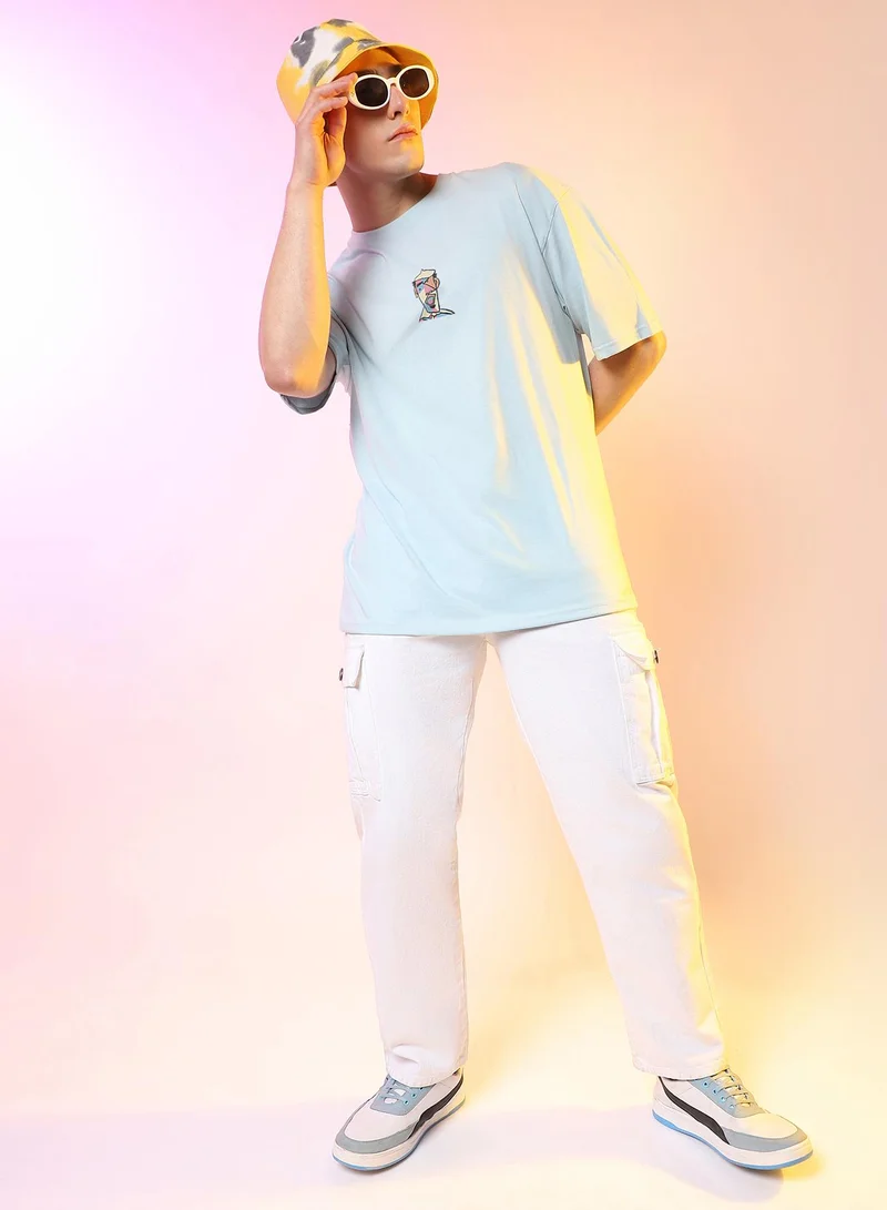 Campus Sutra Campus Sutra Men's Powder Blue Printed Oversized Basic T-Shirt