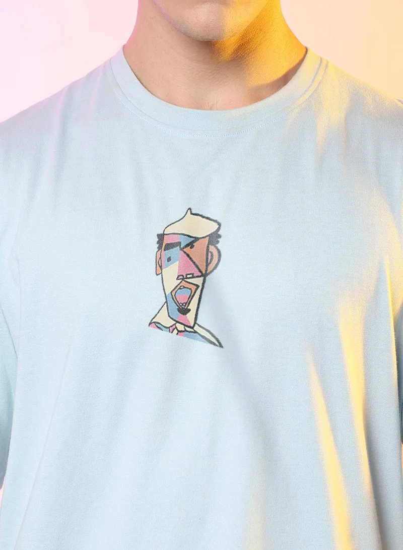 Campus Sutra Campus Sutra Men's Powder Blue Printed Oversized Basic T-Shirt
