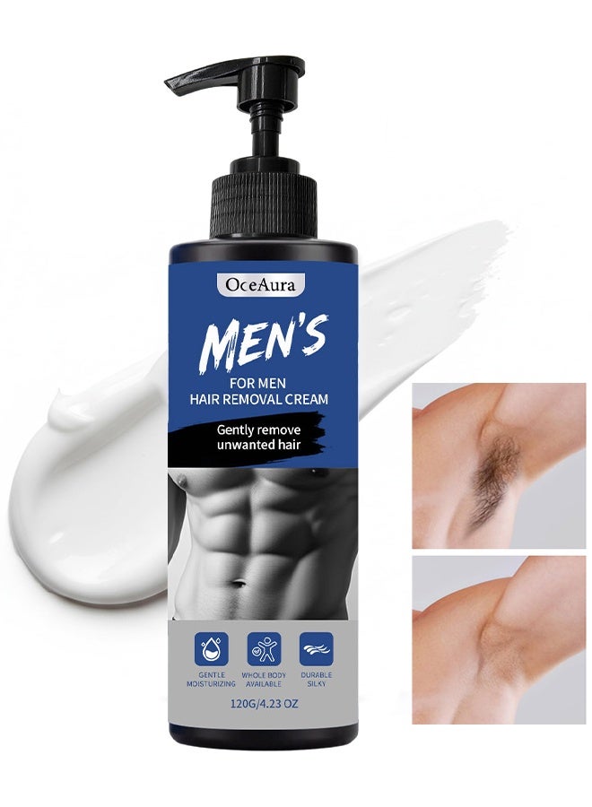 OceAura Hair Removal Cream For Men, Body Depilatory Cream, Effective Painless Flawless Depilatory Cream, Fast-Acting Body Hair Removal Cream For Arms Legs Chest, Moisturizing Soothing Painless Depilatory Cream, Soothing Depilatory For Unwanted Coarse Male Body Hair, 120g - Image 1