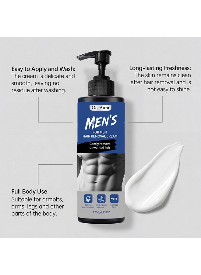 OceAura Hair Removal Cream For Men, Body Depilatory Cream, Effective Painless Flawless Depilatory Cream, Fast-Acting Body Hair Removal Cream For Arms Legs Chest, Moisturizing Soothing Painless Depilatory Cream, Soothing Depilatory For Unwanted Coarse Male Body Hair, 120g - Image 4