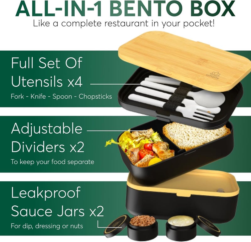 UMAMI Bento Box Adult All-In-1 w/4 Utensils, 2 Sauce Jars 2 Dividers, Bamboo Lid, 100% Leakproof, Microwave & Dishwasher Safe Stackable Bento Lunch Box Containers for Men/Women, Black Beige, 68 oz - Image 3