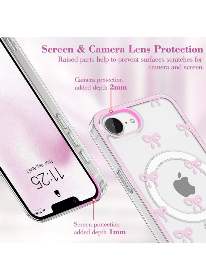 EYZUTAK Magnetic Case for iPhone 16e 2025, Compatible with Magsafing, Clear Cute Ribbon Bowknot Aesthetic Bow Phone Case Stylish Slim Anti-Yellowing Durable PC Protective Cover for Women - Pink - Image 3