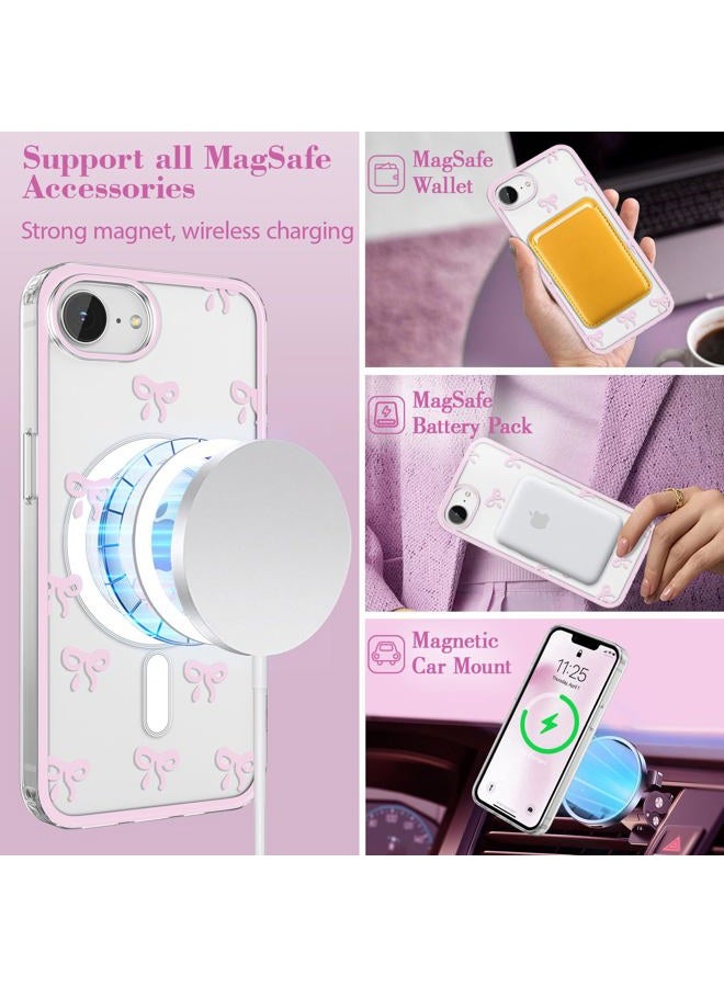 EYZUTAK Magnetic Case for iPhone 16e 2025, Compatible with Magsafing, Clear Cute Ribbon Bowknot Aesthetic Bow Phone Case Stylish Slim Anti-Yellowing Durable PC Protective Cover for Women - Pink - Image 2