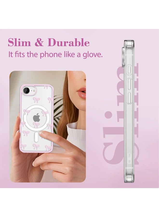 EYZUTAK Magnetic Case for iPhone 16e 2025, Compatible with Magsafing, Clear Cute Ribbon Bowknot Aesthetic Bow Phone Case Stylish Slim Anti-Yellowing Durable PC Protective Cover for Women - Pink - Image 5