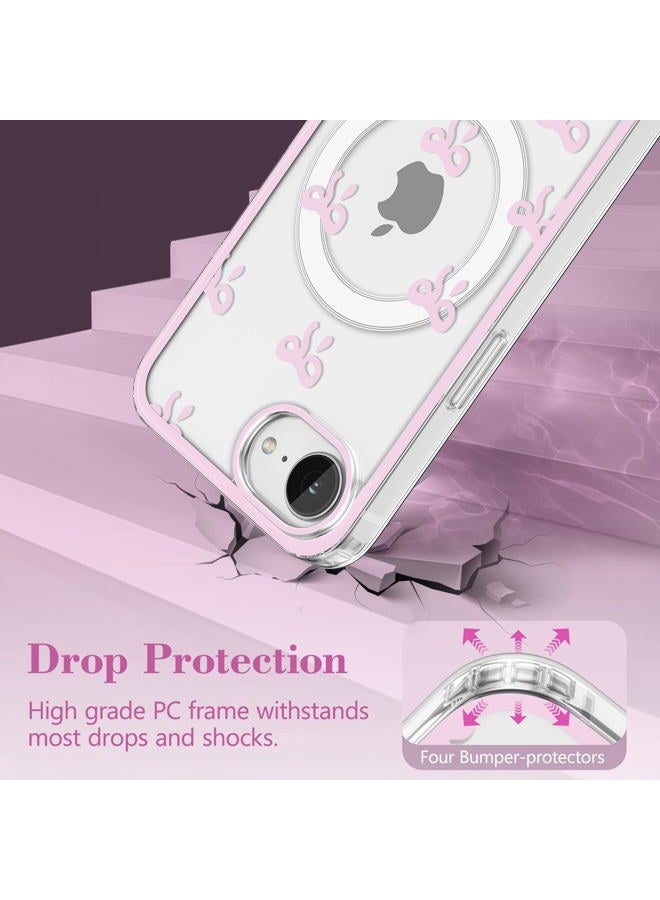 EYZUTAK Magnetic Case for iPhone 16e 2025, Compatible with Magsafing, Clear Cute Ribbon Bowknot Aesthetic Bow Phone Case Stylish Slim Anti-Yellowing Durable PC Protective Cover for Women - Pink - Image 4