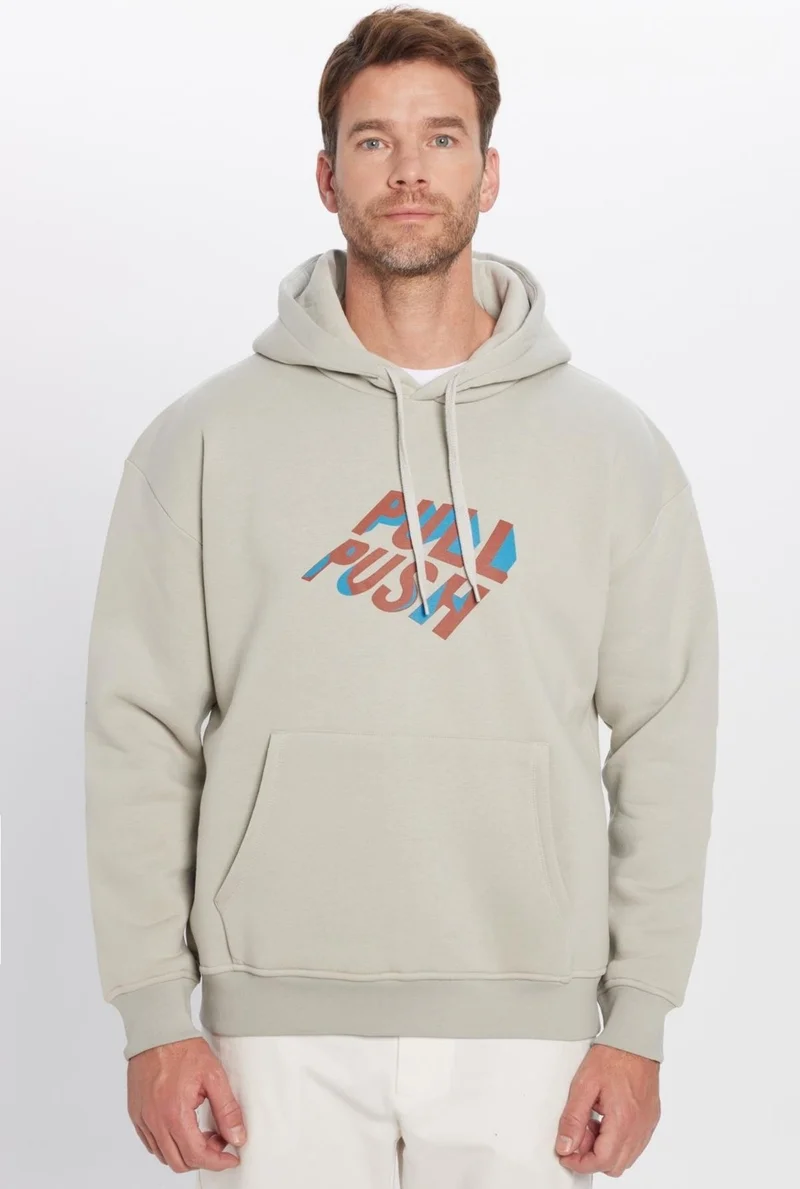 Tudors Oversize Wide Cut Cotton Soft Textured Polar Fleece Inside Printed Stone Color Hooded Sweatshirt