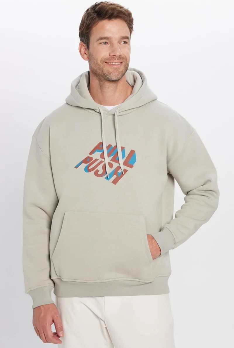 Tudors Oversize Wide Cut Cotton Soft Textured Polar Fleece Inside Printed Stone Color Hooded Sweatshirt