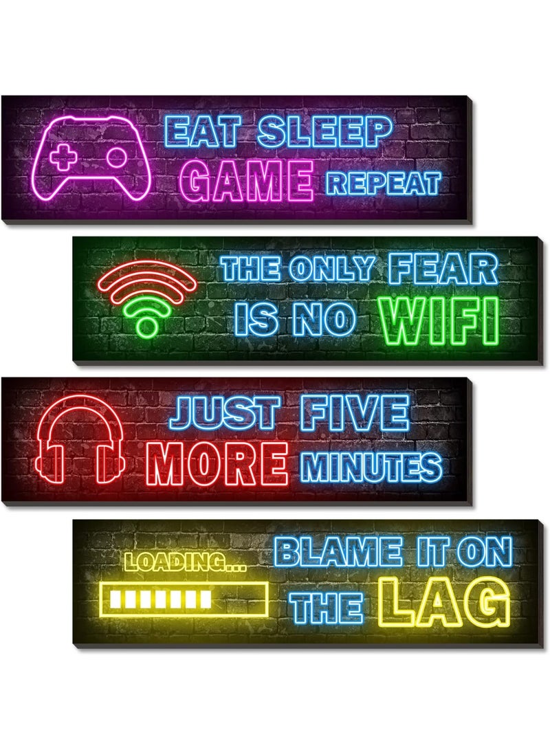 4 Pcs Printed Neon Gaming Posters, Teen Boys Room Decorations, gamer wall art Decor for bedroom Wooden - Image 1