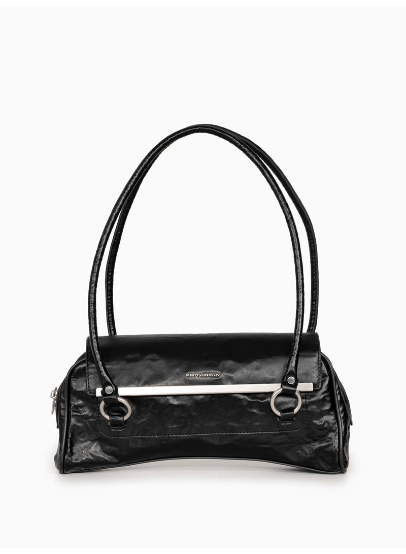 Miroshnikov Women’s Baguette Shoulder Bag, Glossy PU Leather Evening Purse, Designer Crinkle Effect Handbag, Zipper Closure Clutch, Stylish Underarm Bag for Work, Party & Daily Use - Black - Image 1