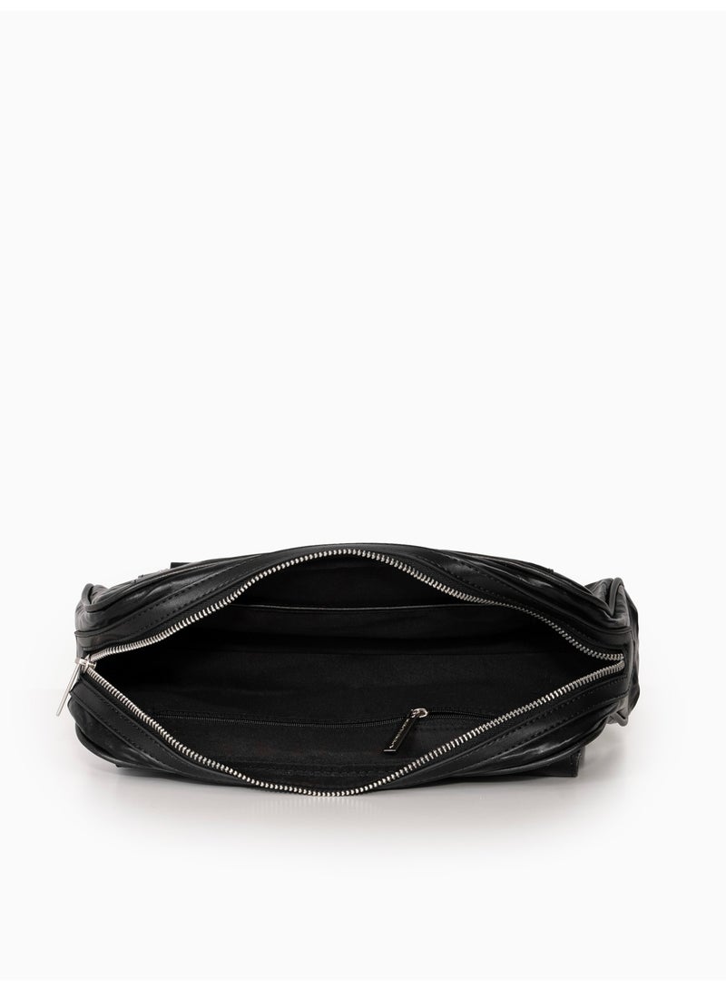 Miroshnikov Women’s Baguette Shoulder Bag, Glossy PU Leather Evening Purse, Designer Crinkle Effect Handbag, Zipper Closure Clutch, Stylish Underarm Bag for Work, Party & Daily Use - Black - Image 2