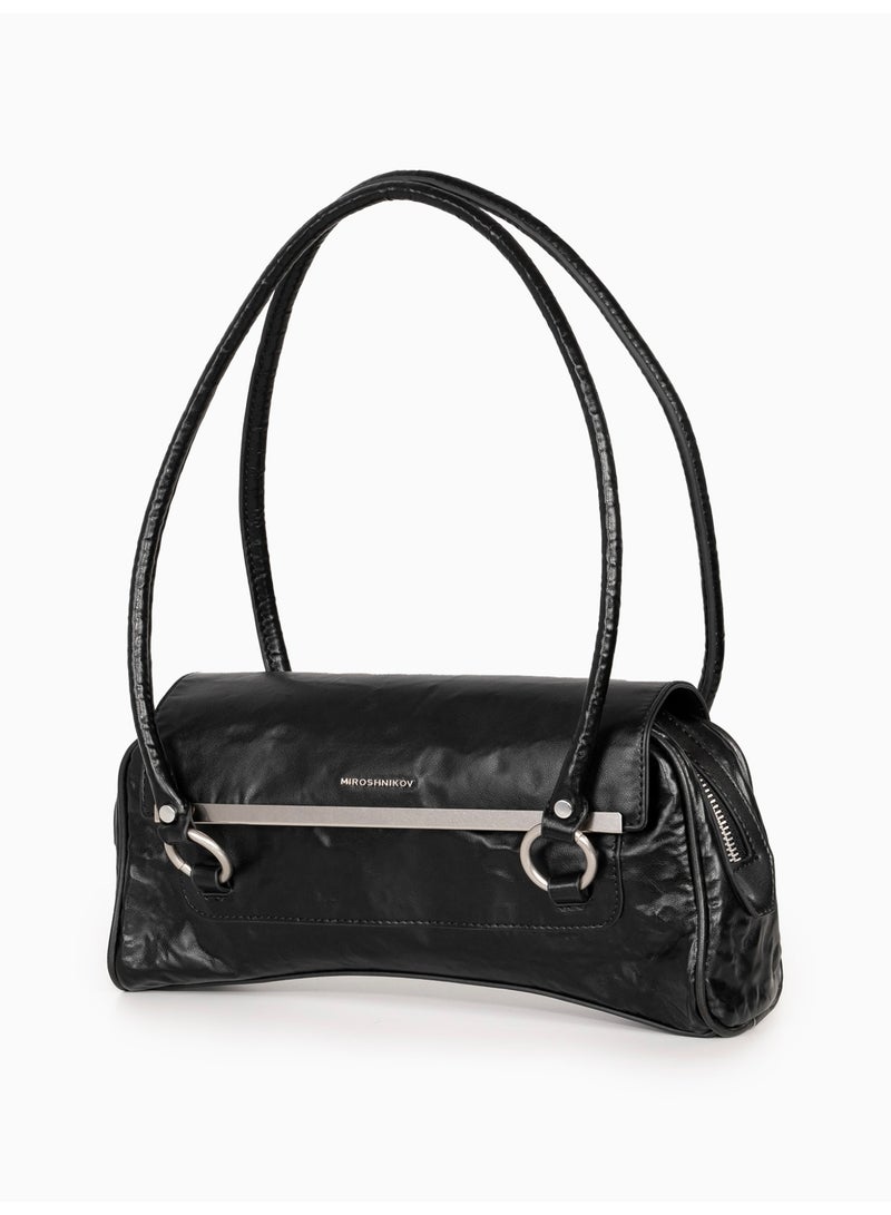 Miroshnikov Women’s Baguette Shoulder Bag, Glossy PU Leather Evening Purse, Designer Crinkle Effect Handbag, Zipper Closure Clutch, Stylish Underarm Bag for Work, Party & Daily Use - Black - Image 3