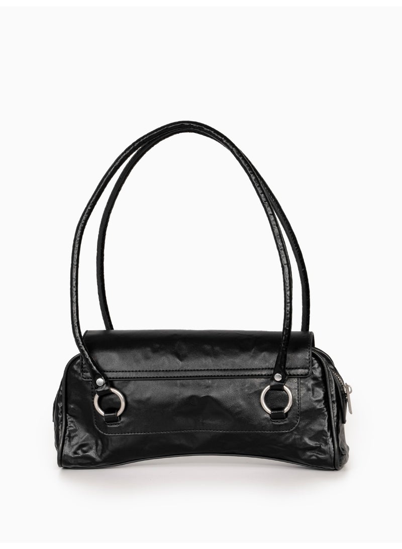 Miroshnikov Women’s Baguette Shoulder Bag, Glossy PU Leather Evening Purse, Designer Crinkle Effect Handbag, Zipper Closure Clutch, Stylish Underarm Bag for Work, Party & Daily Use - Black - Image 4