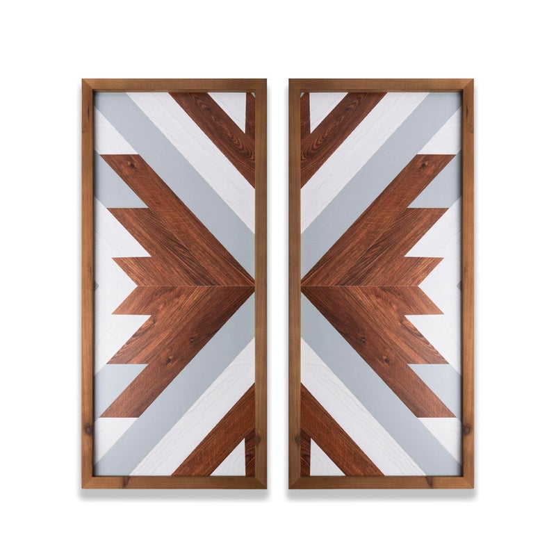 flangairy 2Pcs Aztec Wood Wall Decor Southwest Nursery Kitchen Boho Cyan Black Wall Art Modern Vintage Geometric Farmhouse Rectangle Framed Hanging Signs Living Room Bathroom Decor 