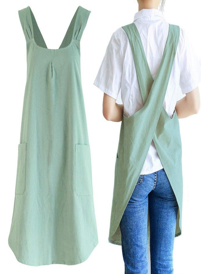 NEWGEM Japanese Linen Cross Back Kitchen Cooking Aprons for Men with Pockets for Baking Painting Gardening Cleaning Light Green - Image 1
