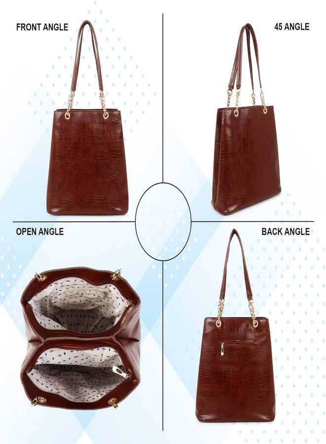 Dcozi Women Fashion PU Handbags Tote Purses Stylish Ladies Women and Girls Handbag for Office Bag Ladies Travel Shoulder Bag Tote Bag Hobo Bag for College Girls-TB03 (Dark Brown) - Image 4