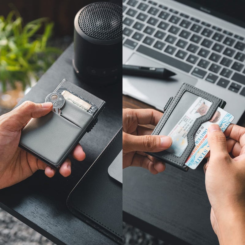 VULKIT محفظة فالكيت مينيماليست مع نافذة هوية وحامل بطاقات قابل للظهور جيب EDC تصميم محفظة رفيعة مانعة لتداخل RFID للنقود والأطواق وبطاقات الائتمان - Image 2