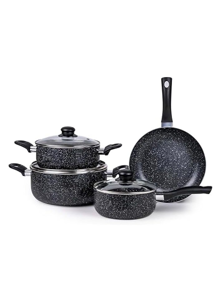 Green Tiger 7pcs Aluminum Non-Stick Marble Coating Cookware Set - Durable Exterior, Heat Resistant Handles, Tempered Glass Lids - Ideal for Healthy Cooking Black - Image 1