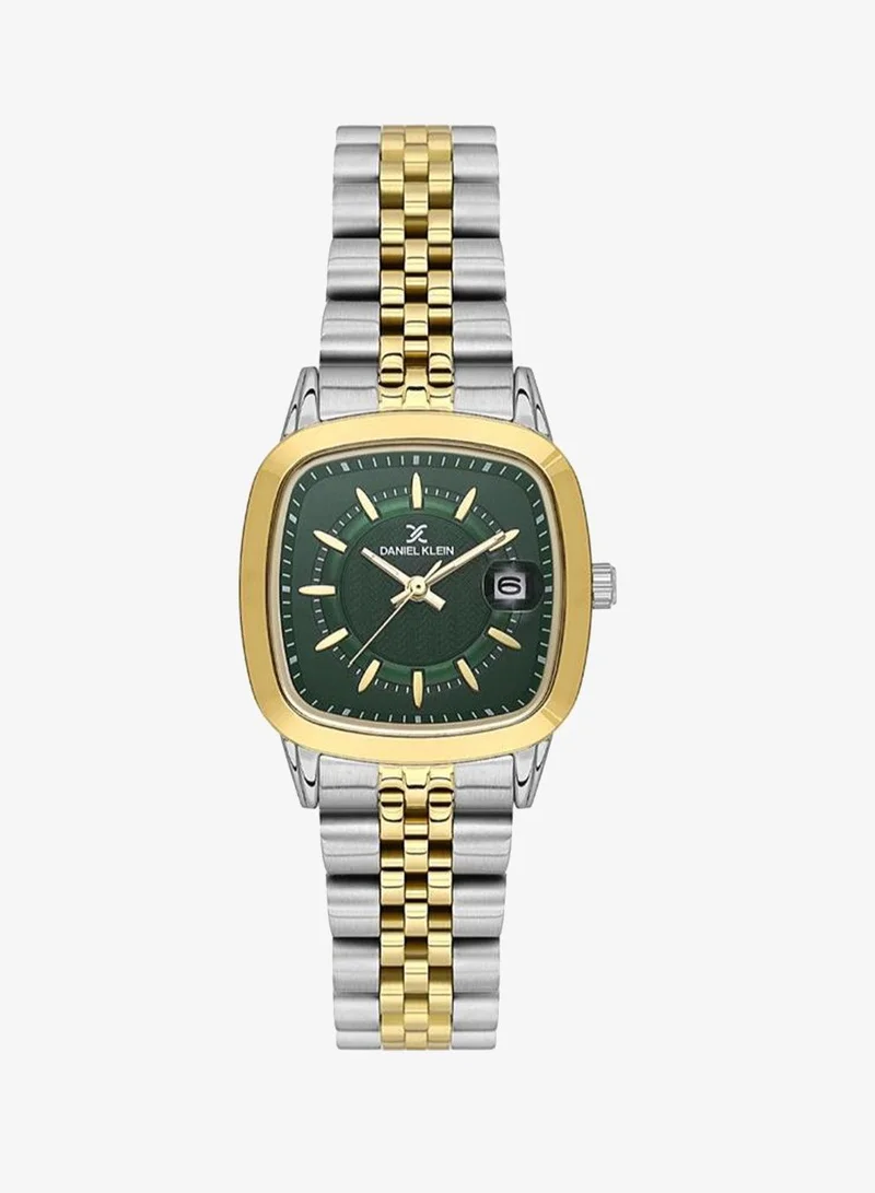 Daniel Klein Women's Stainless Steel Silver and Gold Alloy Case Analog Dark Green Square Emboss Dial Japanese Quartz Premium 30 Meters Water Resistant