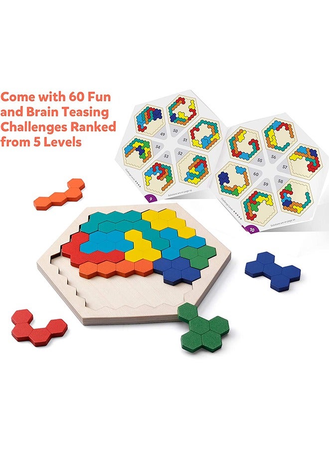 Coogam Wooden Hexagon Puzzle for Kid Adults - Shape Pattern Block Tangram Brain Teaser Toy Geometry Logic IQ Game STEM Montessori Educational Gift for All Ages Challenge - Image 5