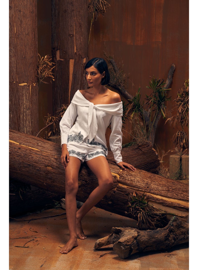 Ashita Fernandes Ashita Fernandes Ariana Shorts for women – White Floral Work, Relaxed Fit, Above-the-Knee Linen Shorts, Lightweight & Wrinkle-Resistant, Sustainable Summer Essential  - Image 4