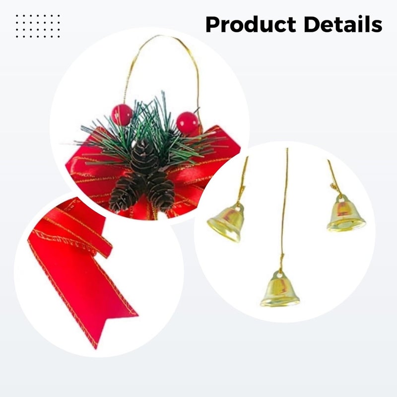 6 Pcs 11.8 in Christmas Bows with Pine Cones and Bells, Red Fabric Xmas Wreath Decorative Bows, DIY Decor for Tree, Fireplace - Image 5