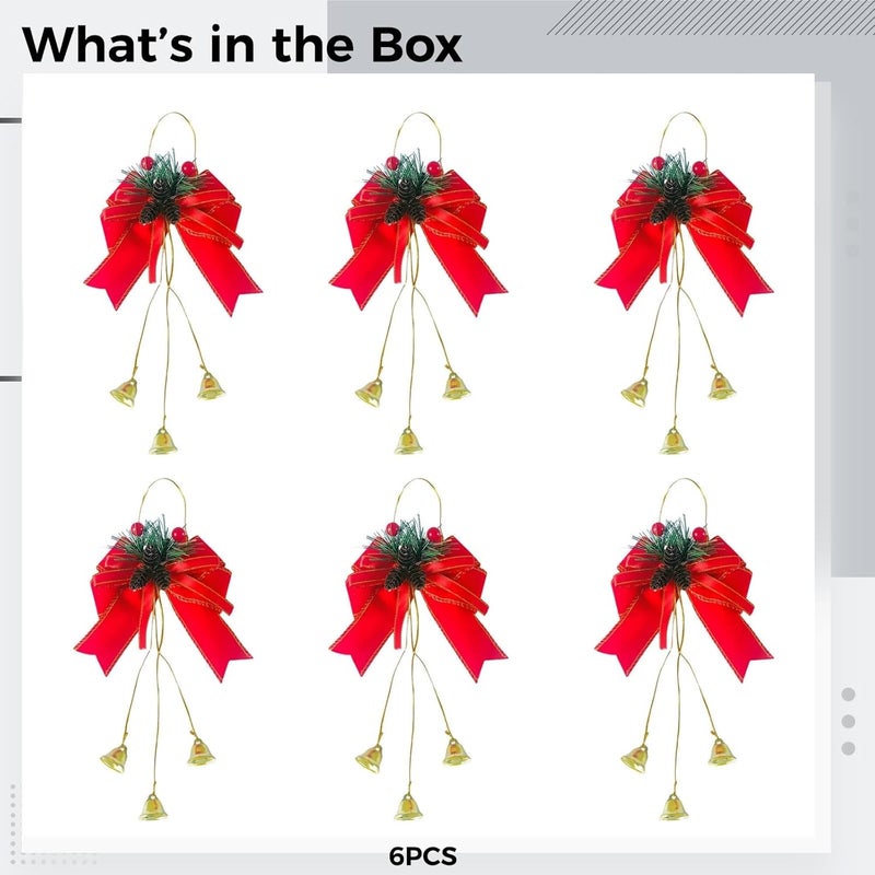 6 Pcs 11.8 in Christmas Bows with Pine Cones and Bells, Red Fabric Xmas Wreath Decorative Bows, DIY Decor for Tree, Fireplace - Image 3