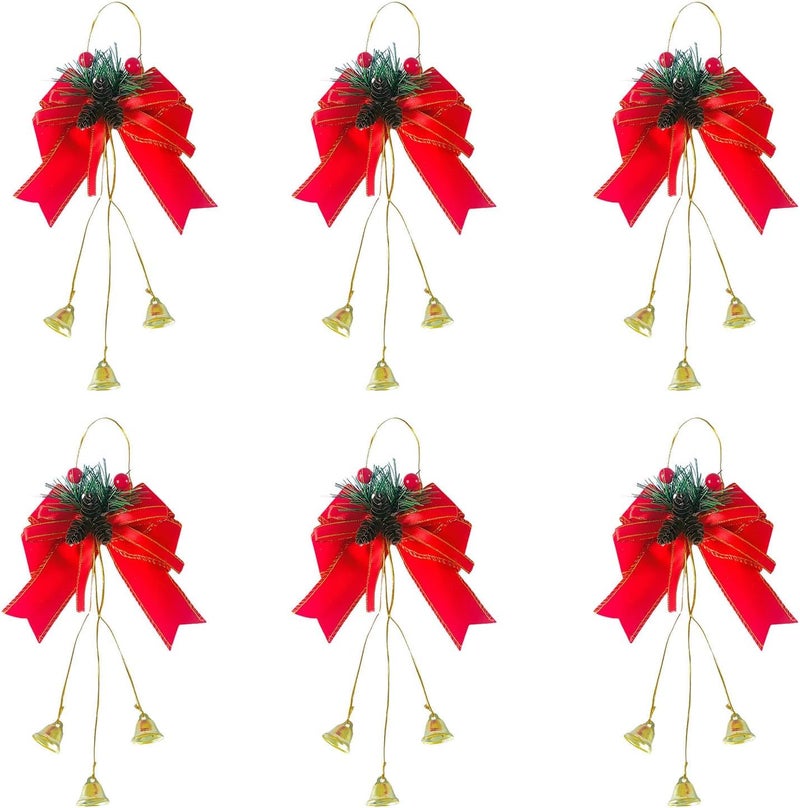 6 Pcs 11.8 in Christmas Bows with Pine Cones and Bells, Red Fabric Xmas Wreath Decorative Bows, DIY Decor for Tree, Fireplace - Image 1