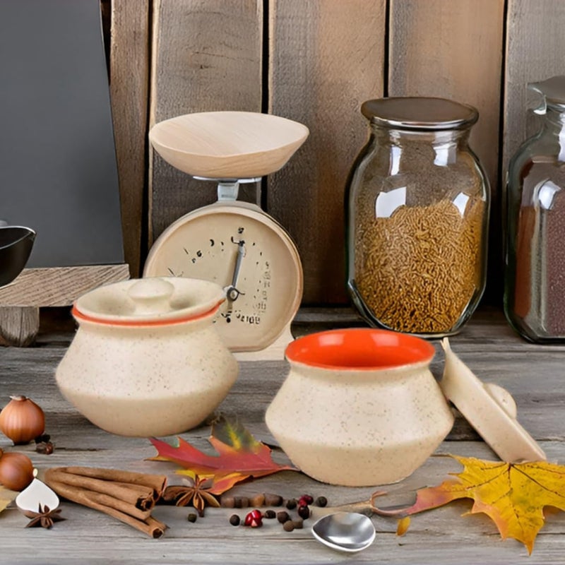 KRAFTLIK HANDICRAFTS وعاء تقديم سيراميك أبيض غير لامع من كرافتليك | داهي هاندي | هاندي برياني مع غطاء | وعاء أنيق لطاولة الطعام والمطبخ (مجموعة من 2، ألوان داخلية عشوائية) - Image 4