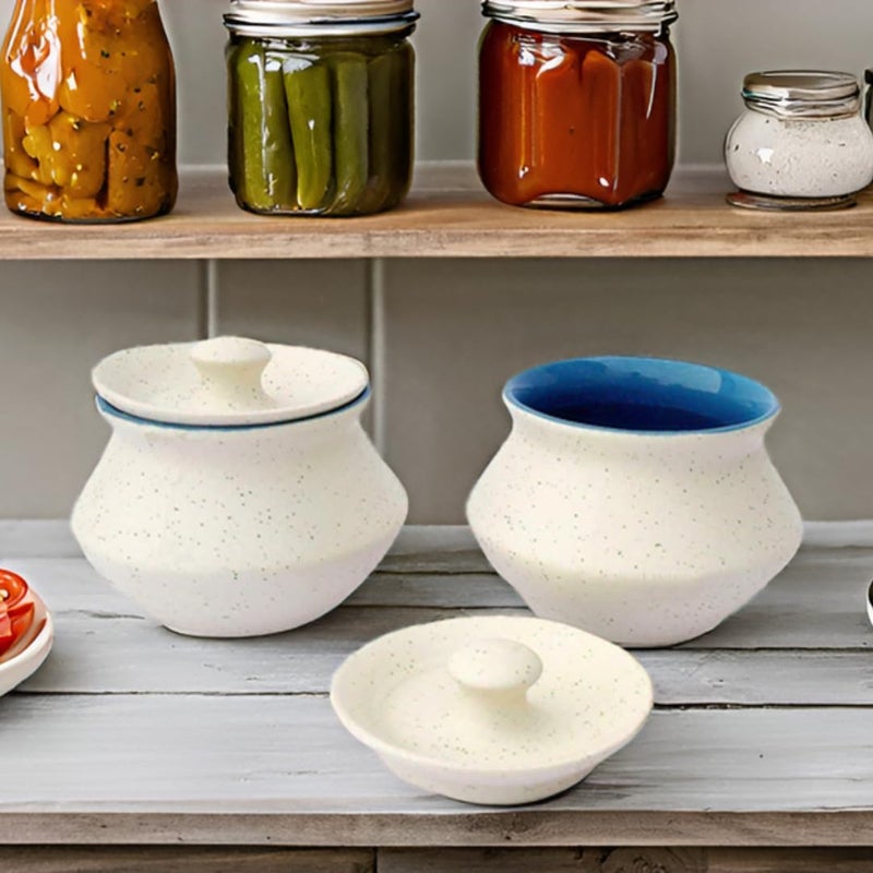 KRAFTLIK HANDICRAFTS وعاء تقديم سيراميك أبيض غير لامع من كرافتليك | داهي هاندي | هاندي برياني مع غطاء | وعاء أنيق لطاولة الطعام والمطبخ (مجموعة من 2، ألوان داخلية عشوائية) - Image 2