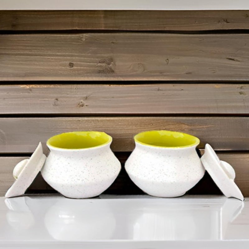 KRAFTLIK HANDICRAFTS وعاء تقديم سيراميك أبيض غير لامع من كرافتليك | داهي هاندي | هاندي برياني مع غطاء | وعاء أنيق لطاولة الطعام والمطبخ (مجموعة من 2، ألوان داخلية عشوائية) - Image 3