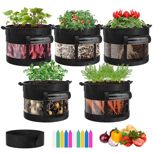 VIVOSUN 5Pack 10 Gallon Potato Grow Bags Thick Fabric Pots with 360 Visibility Harvest Window Black - Image 1