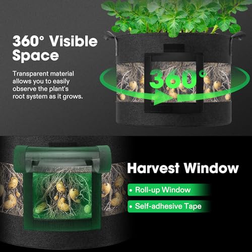 VIVOSUN 5Pack 10 Gallon Potato Grow Bags Thick Fabric Pots with 360 Visibility Harvest Window Black - Image 3