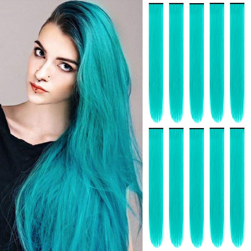 TOFAFA 22 inch Colored Hair Extensions Straight Hairpiece Multicolors Party Highlights Clip in Synthetic Hair Extensions for Women Kids Girls10 PCS Teal Blue