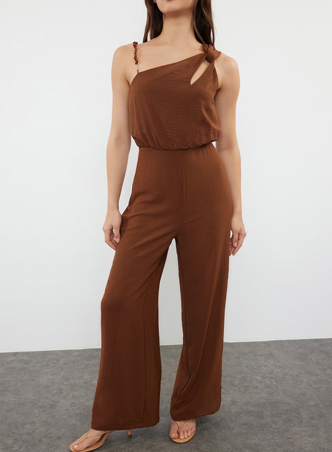 trendyol Brown Single Shoulder Maxi Woven Jumpsuit - Image 3