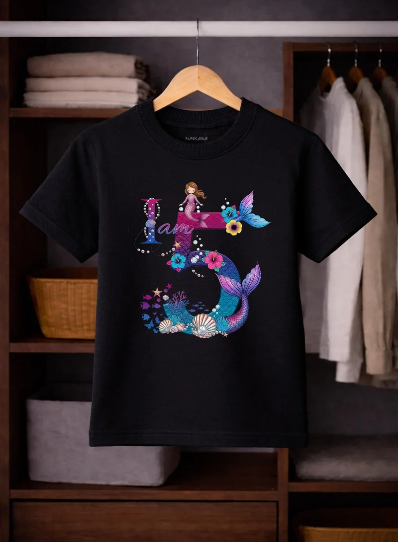 Funkaar Mermaid 5th Birthday T-Shirt for Girls | "I Am 5" Design | Soft Combed Cotton